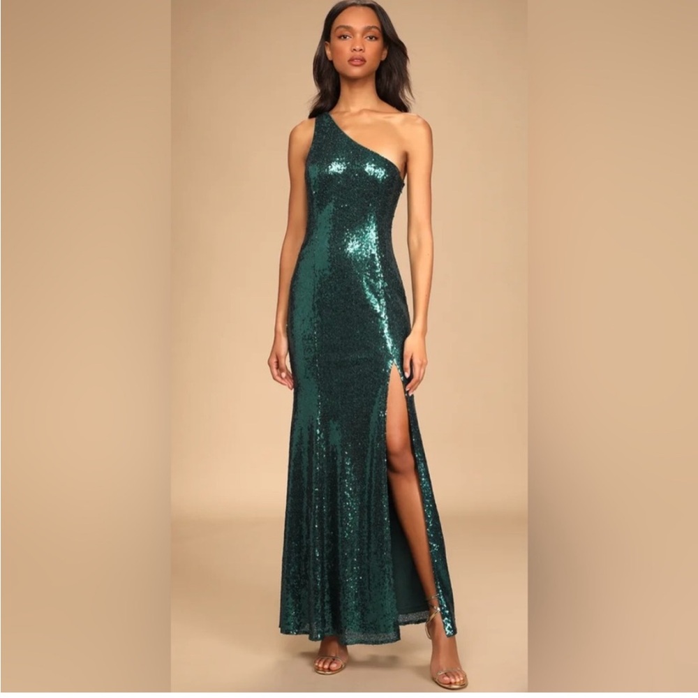 Lulu's Sequin Emerald One-Shoulder Dress